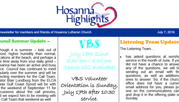 Hosanna Newsletter July 7, 2016